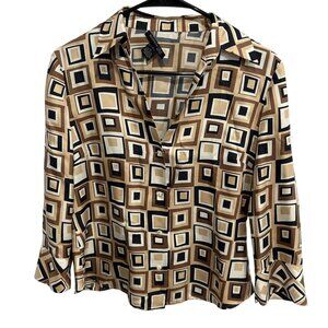 Kenneth Cole New York Womens Geometric Print Silk Blouse Size 8 Multicolor Long